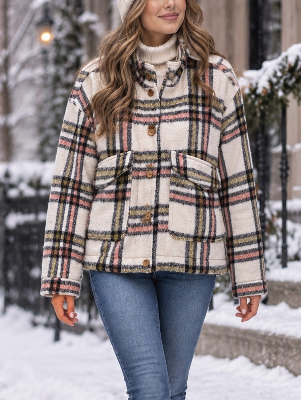 Bagatelle Collection Plaid Pea Coat Women’s L Plaid Button Front